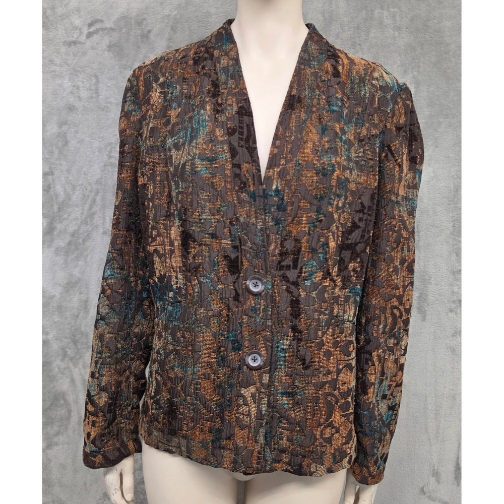 Vintage Tapestry Brocade Blazer Brown Teal Abstract Textured Fall Boho Jacket